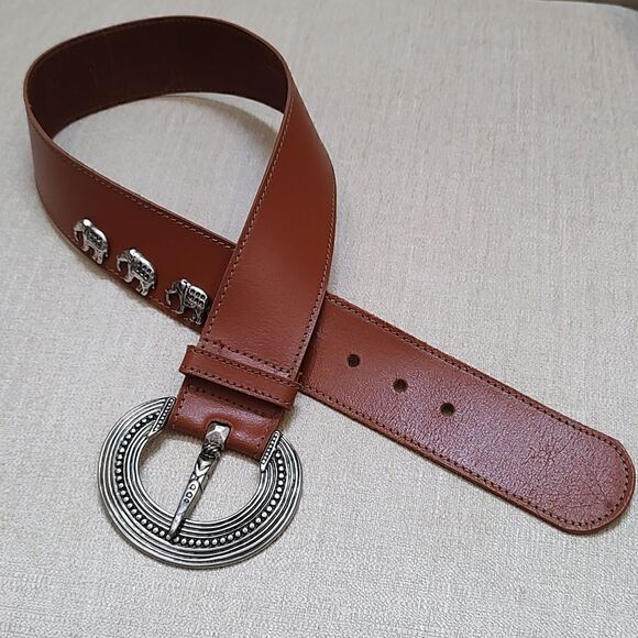 Brown Leather Wide Belt with Ornate Silver Buckle & Silver Elephant Studs Size S - Picture 9 of 10